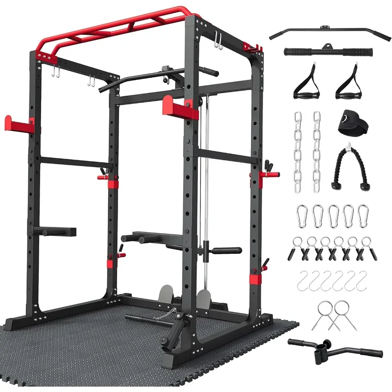 HULKFIT Power Rack with Lat Pulldown, Rack with floor mat